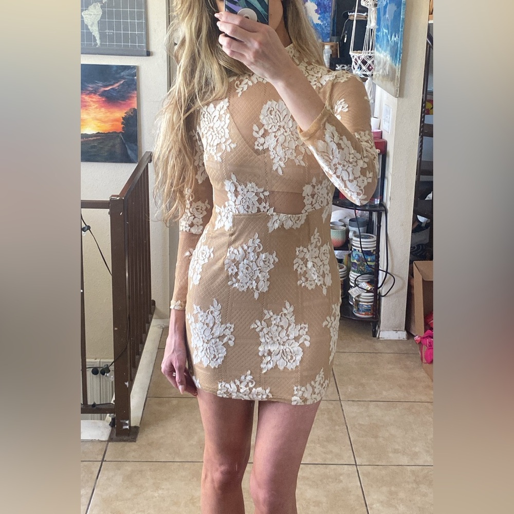 Nude Long Sleeve High Neck Lace Bodycon Dress